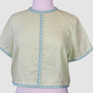 Magashoni Short Sleeve 100% Linen Green Crop Top Cyan Blanket Stitching Med NWT